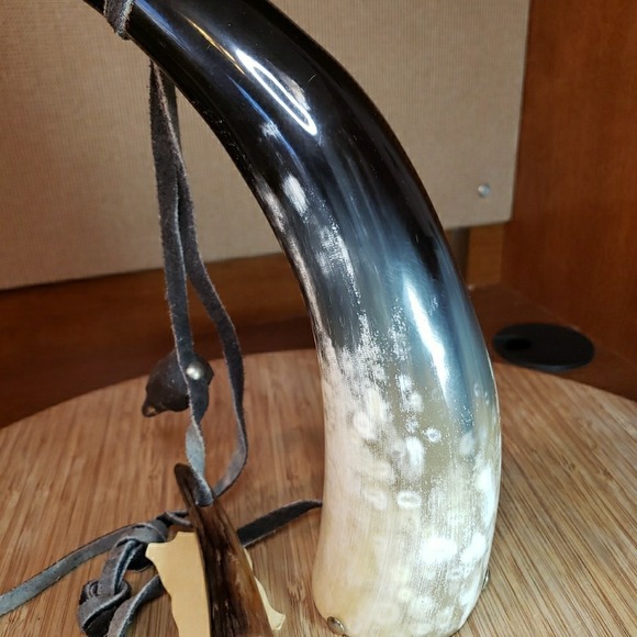 Vtg THE CHEROKEES 3 Pc 11" Powder Horn & Measurer w/Leather Strap & Wood Plug - Picture 15 of 16